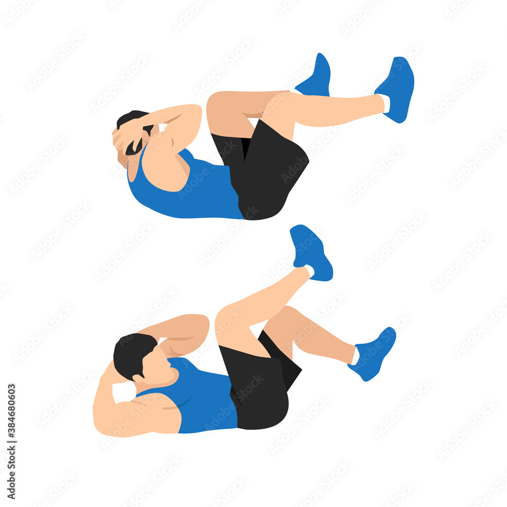 Man doing abdominal workout with Bicycle crunch. Illustration about exercise guide. Cross body crunches Man doing abdominal workout with Bicycle crunch. Illustration about exercise guide. Cross body crunches