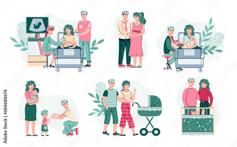 Happy fatherhood and motherhood set with characters of a young family expecting and raising a child, flat vector illustration. Family happiness and happy parenthood. Happy fatherhood and motherhood set with characters of a young family expecting and raising a child, flat vector illustration. Family happiness and happy parenthood.