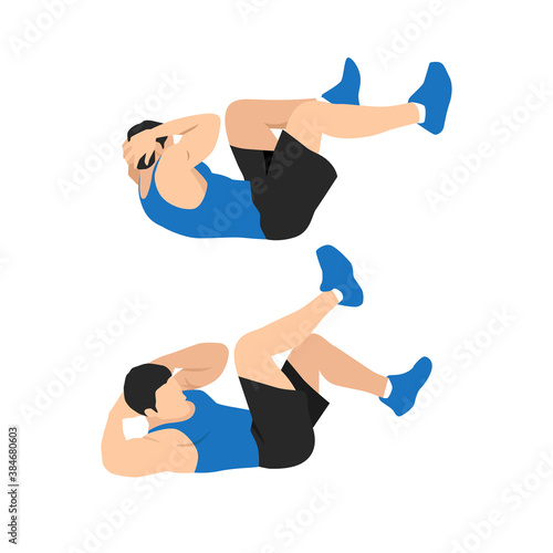 Man doing abdominal workout with Bicycle crunch. Illustration about exercise guide. Cross body crunches