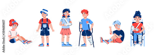 A set characters of kids with traumas, damages and injuries. Crying in pain, need of treatment sad children were injured in an accident. Vector illustration isolated on a white.