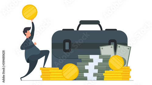 Happy businessman in a jump. Businessman with a suitcase and a gold coin in his hands. A mountain of money. Dollars, bundles of money, gold coins. Isolated. Vector.