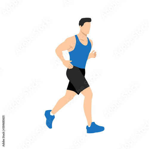 Muscular adult man running or jogging. Workout excercise. Marathon athlete doing sprint outdoor - Simple flat vector illustration.

