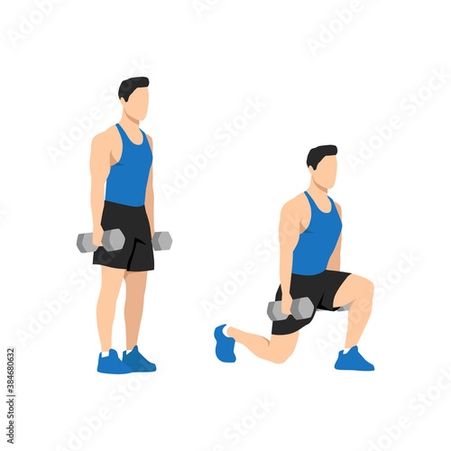 Man doing dumbbell lunges. Vector set of workout icons in flat style isolated on white background.