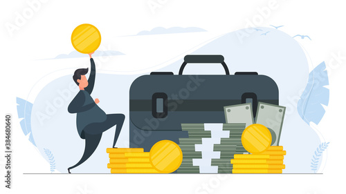 Happy businessman in a jump. Businessman with a suitcase and a gold coin in his hands. A mountain of money. Dollars, bundles of money, gold coins. Vector.