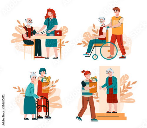 Social workers support, help old person with disabilities. Volunteers take care at home of elderly, senior, sick patients in wheelchairs, with walkers. Set of vector illustration