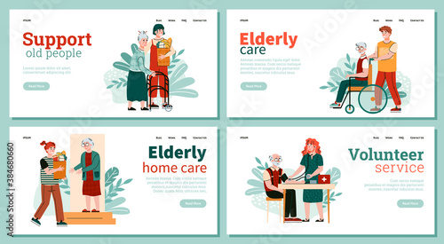 Website banners set for volunteer services of elderly persons supporting, flat cartoon vector illustration. Old people help and daily assistance service.