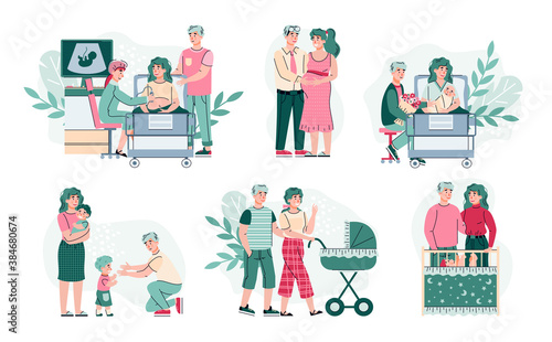 Happy fatherhood and motherhood set with characters of a young family expecting and raising a child, flat vector illustration. Family happiness and happy parenthood.