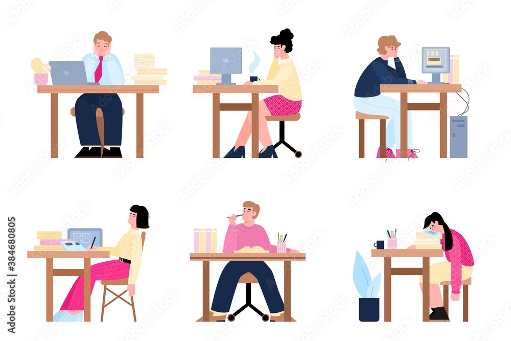 Set of office workers bored and tired of work routine, flat cartoon vector illustration isolated on white background. People feel burning out and tiredness on workplace. Set of office workers bored and tired of work routine, flat cartoon vector illustration isolated on white background. People feel burning out and tiredness on workplace.