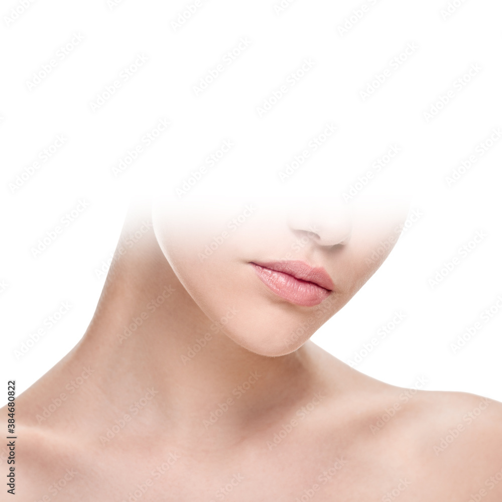 Naklejka premium Beautiful young woman with fresh healthy facial skin with white gradient on part of the image for your text