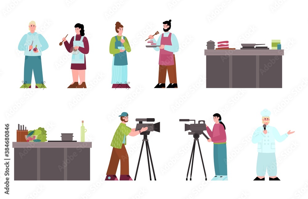 Culinary cooking show characters and kitchen equipment set, flat cartoon vector illustration isolated on white background. Shooting of TV cooking program.