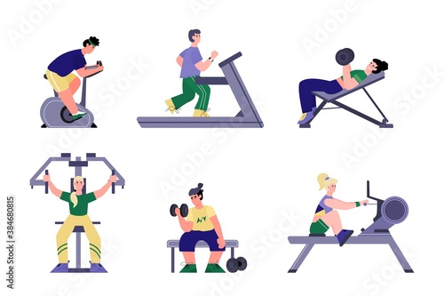 Set of athletic people characters using various sport gym facilities, flat cartoon vector illustration isolated on white background. Gym training and weight lifting.