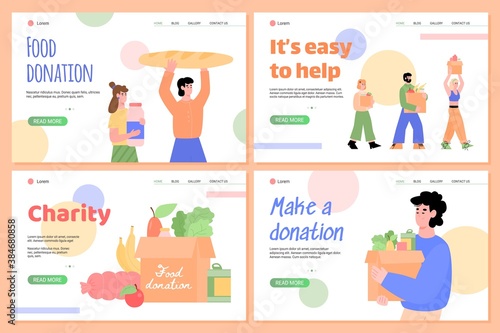 Support and charity for poor, hungry and homeless in shelter. Volunteers carry food and full grocery cardboard donation boxes. Vector illustration. Set of landing pages templates