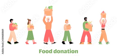 Food donation web banner with cartoon people marching with grocery boxes, flat vector illustration isolated on white background. Food charity and poverty alleviation.