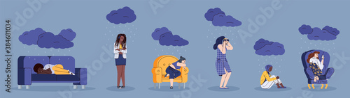 Sad and depressed women cartoon characters set, flat vector illustration isolated on blue background. Unhappy woman feeling depression and stress under stormy clouds.