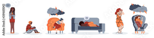 Set of characters sad, unhappy and depressed women. Upset, lonely teenager girls tries to protection from pain or stress. Female psychology, suicide prevention. Vector illustration