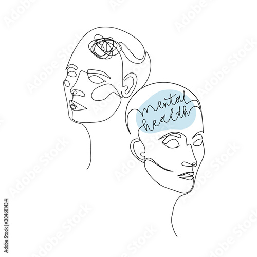 Mental Health For Women. One Line Drawing of Two Human Heads With Quote In Brain. Vector Illustration For Therapist And Psychologist photo
