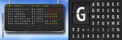 Vector airport board. Realistic flip airport scoreboard template. Black 3d airport timetable with departure or arrival. Analog airport board font on dark background. Destination airline board
