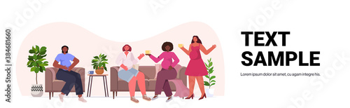 mix race women discussing during meeting female empowerment movement girl power union of feminists concept horizontal full length copy space vector illustration