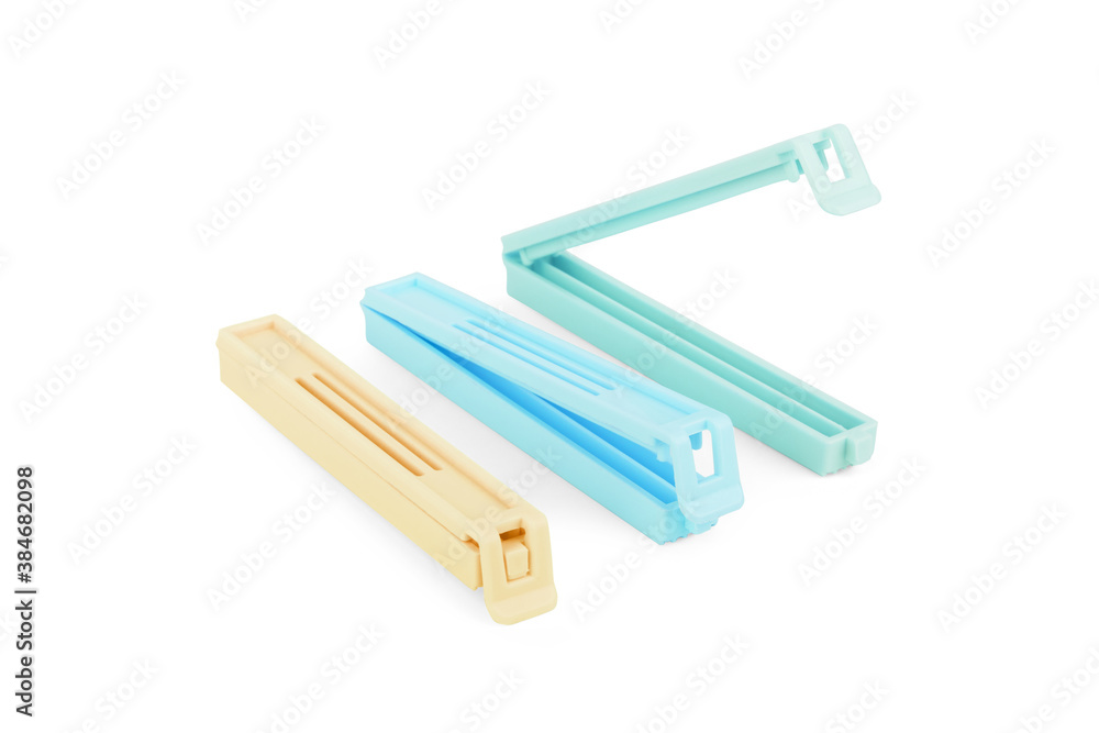 Plastic bag clips on a white background Plastic bag clips on a white background