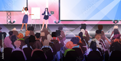 woman making presentation speaking to audience from stage women's club girls supporting each other union of feminists concept horizontal vector illustration