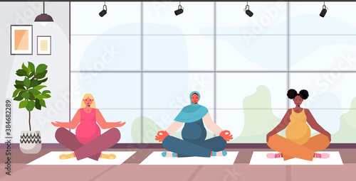 mix race pregnant women doing yoga fitness exercises training healthy lifestyle concept girls meditating together modern studio interior horizontal full length vector illustration