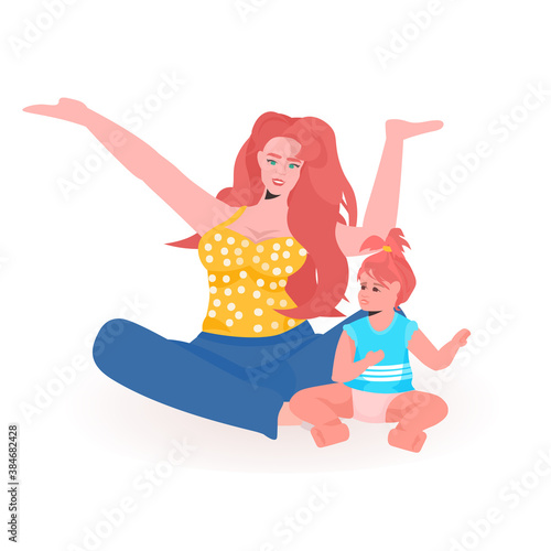 young mother playing with newborn baby happy family spending time together motherhood concept full length vector illustration