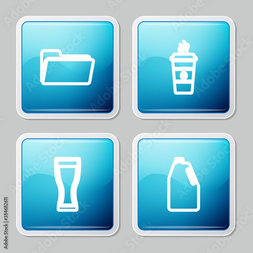 Set line Folder, Coffee cup, Glass beer and Household chemicals bottle icon. Vector.