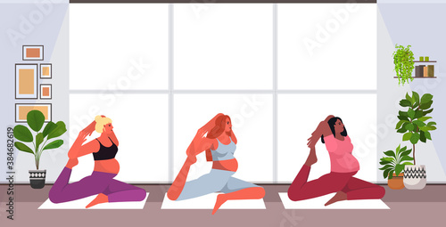 mix race pregnant women doing yoga fitness exercises training healthy lifestyle concept girls meditating together modern studio interior horizontal full length vector illustration