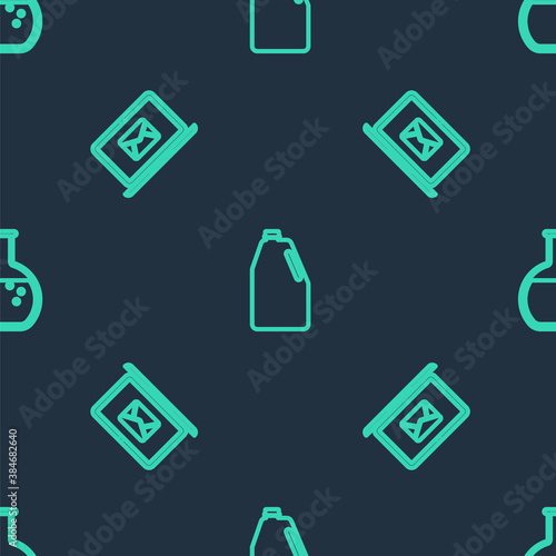 Set line Household chemicals bottle, Laptop with envelope and Test tube and flask on seamless pattern. Vector.