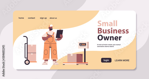 african american deliveryman in uniform checks parcels in warehouse express delivery cargo logistics or postal service concept horizontal full length copy space vector illustration