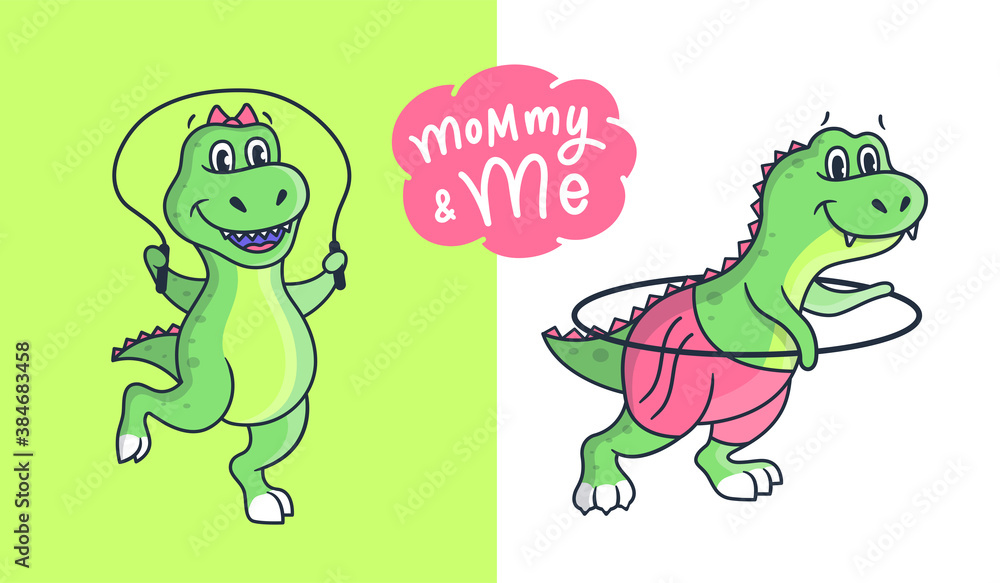 Obraz premium This is a family look vector illustrations. Cartoonish girl dinosaurs in the Sport style. Collection mommy and me is good for t-shirt designs, stickers, ads, etc