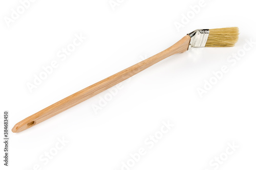 Radiator paintbrush with angled working part and long wooden handle