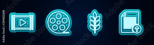 Set line Play Video, Film reel, Wheat and Upload file. Glowing neon icon. Vector.