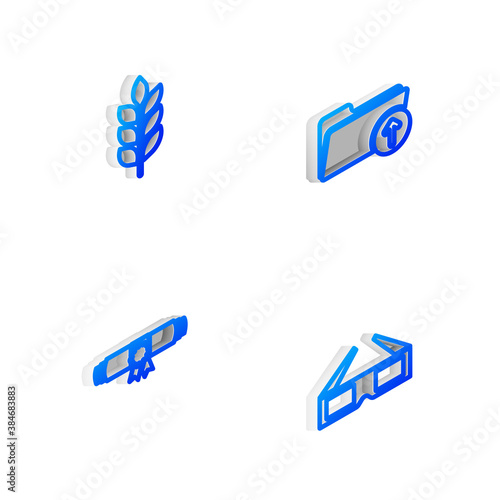 Set Isometric line Download arrow with folder, Wheat, Diploma rolled scroll and 3D cinema glasses icon. Vector.
