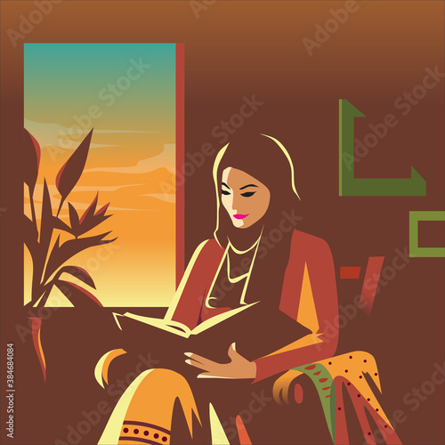 Reading is a window to the world: an Indian Muslim woman is reading a book beside the window