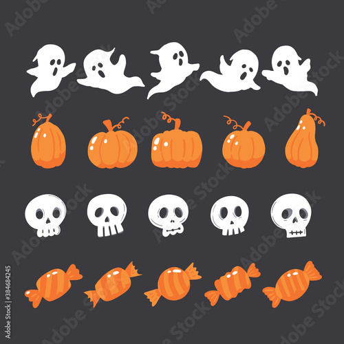 Set of illustrations for halloween with ghosts, candies, pumpkins and sculls