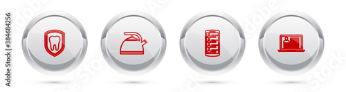 Set line Dental protection, Kettle with handle, Smartphone contacts and Laptop resume. Silver circle button. Vector.