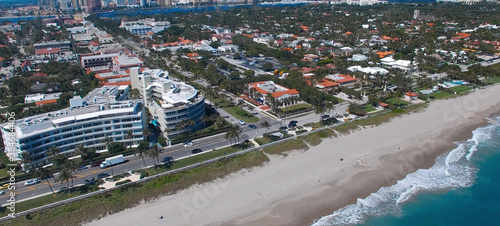 Aerial view of Fort Lauderdale skyline in slow motion from drone, Florida.