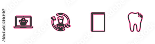 Set line Shopping basket on laptop, Book, Human resources and Broken tooth icon. Vector.