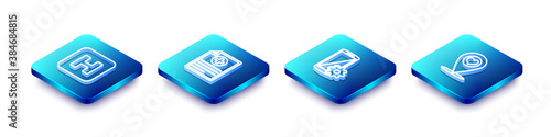 Set Isometric line Hospital, Clinical record, Setting on smartphone and Map pointer with heart icon. Vector.