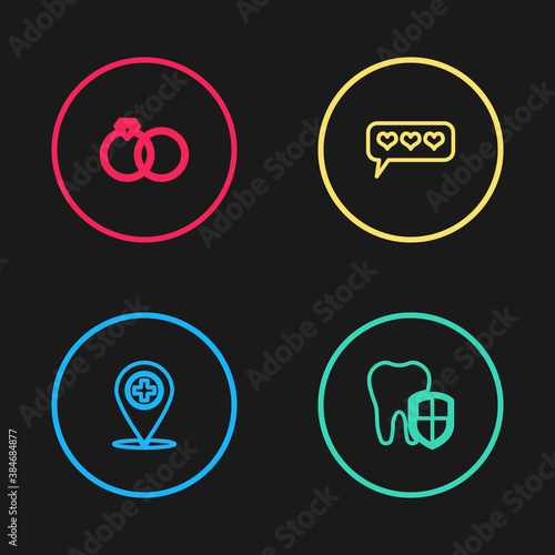 Set line Medical location with cross, Dental protection, Like and heart and Wedding rings icon. Vector.