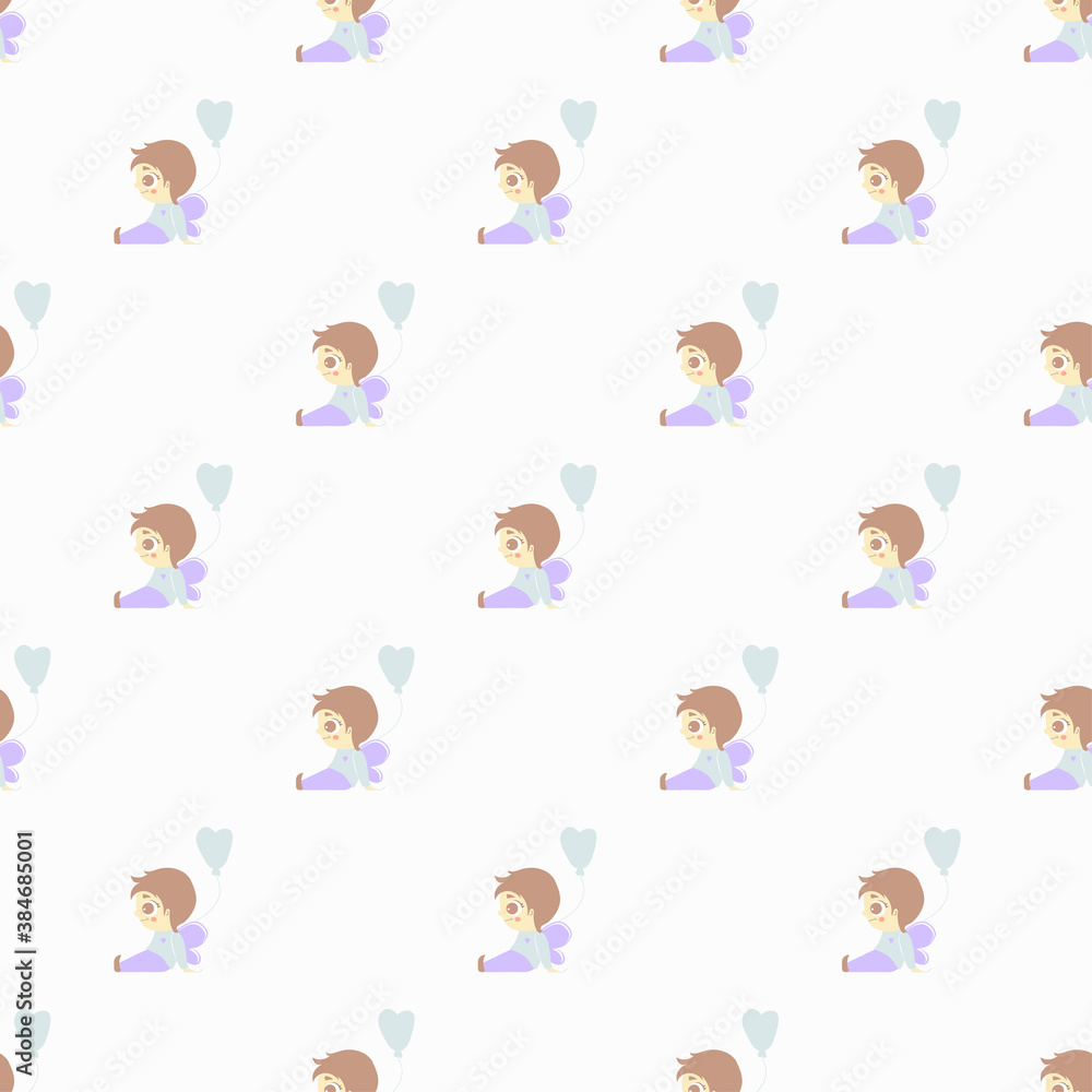 Seamless patterns. Romantic childrens collection. Cute angel boy sits with a balloon on a white background. Vector. Pastel shades. For valentines, design, textiles, packaging and printing