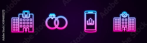 Set line Dental clinic, Wedding rings, Smartphone with upload and Medical hospital building. Glowing neon icon. Vector.