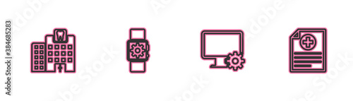 Set line Dental clinic, Computer monitor and gear, Smartwatch setting and Clinical record icon. Vector.