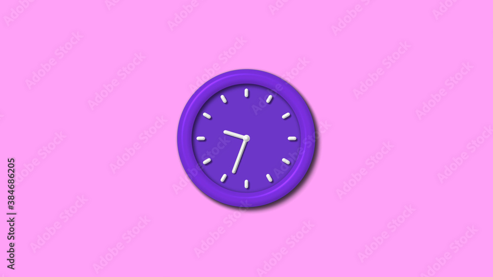 New purple dark 3d wall clock isolated on pink light background, 12 hours counting down wall clock