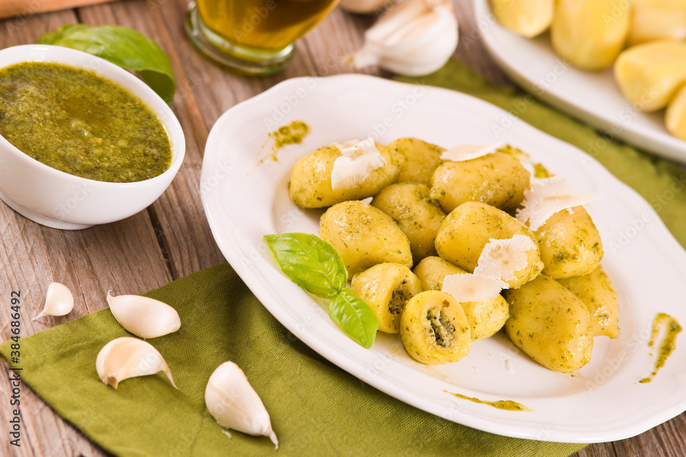 Potato gnocchi stuffed with pesto sauce. Potato gnocchi stuffed with pesto sauce.