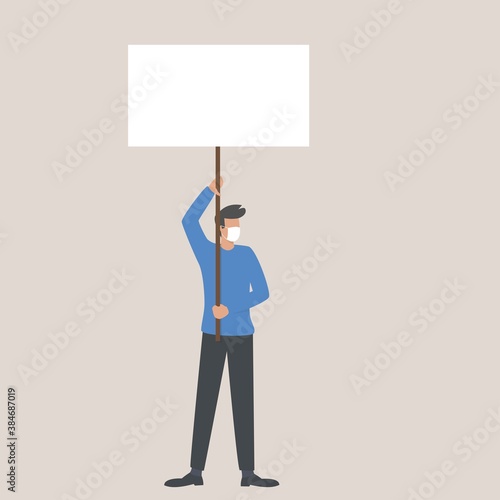 Man with medical mask and banner board design, Manifestation protest and demonstration theme Vector illustration