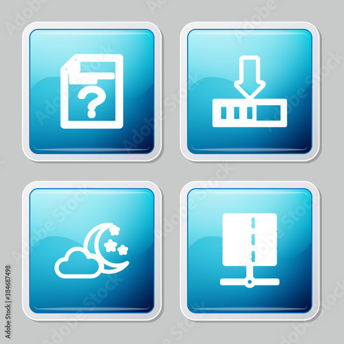 Set line Unknown document, Loading, Cloud with moon and stars and Server, Data, Web Hosting icon. Vector.