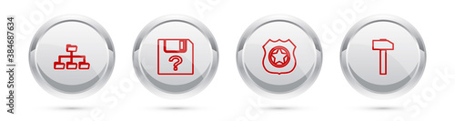 Set line Folder tree, Unknown document, Police badge and Hammer. Silver circle button. Vector.