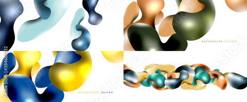 Bubbles abstract background set. Flying plastic style fluid shapes on white. Vector wallpapers